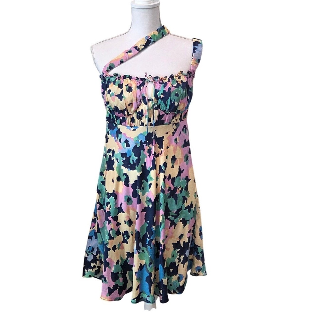 Nicholas Floral Asymmetric Mini Dress Multi Color Size US 10 Party,Tropical,